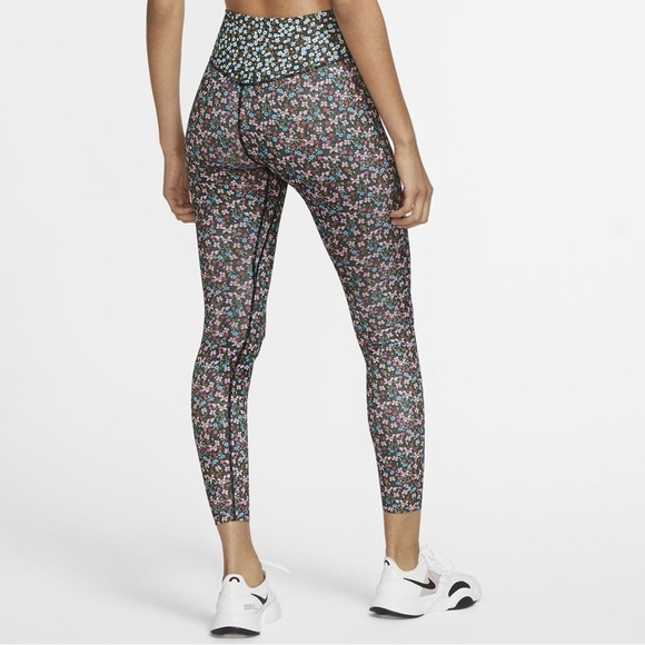 Nike One Floral Ankle Leggings DryFit Pink Blue Black Size S Workout - Picture 4 of 7